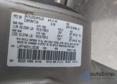 2000 Jeep Cherokee Sport из США, поврежденный, VIN 1J4FF48S3YL25102